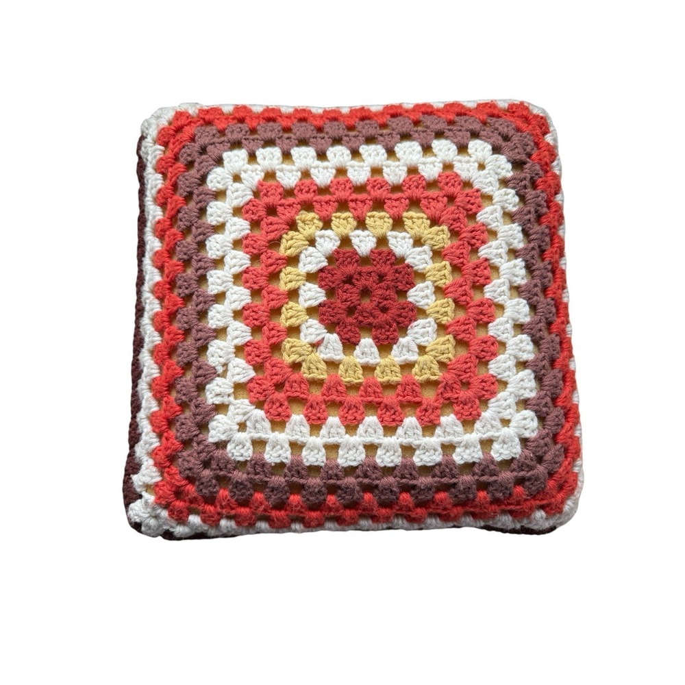 Vintage Throw Pillow Handmade Crochet Knit Boho Granny orange brown‎ & red 13.5"